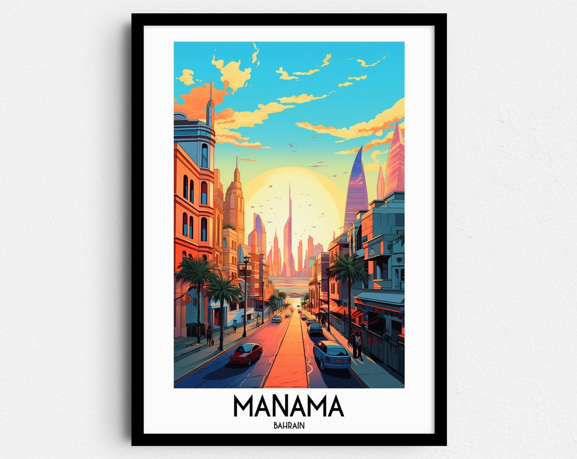 Manama Modern Skyline Sunset Street Bahrain Vintage Travel Poster