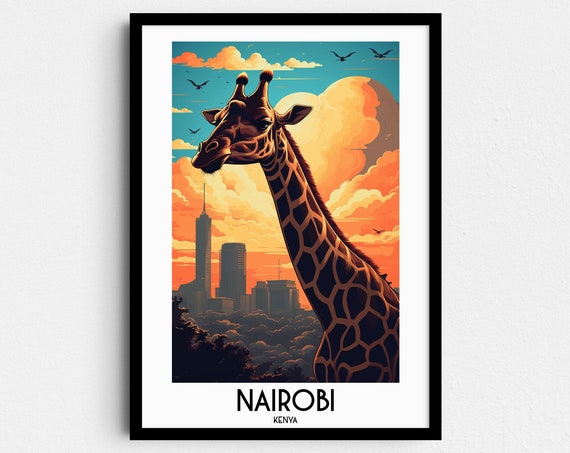 Nairobi Travel Poster, Kenya Giraffe Wall Art
