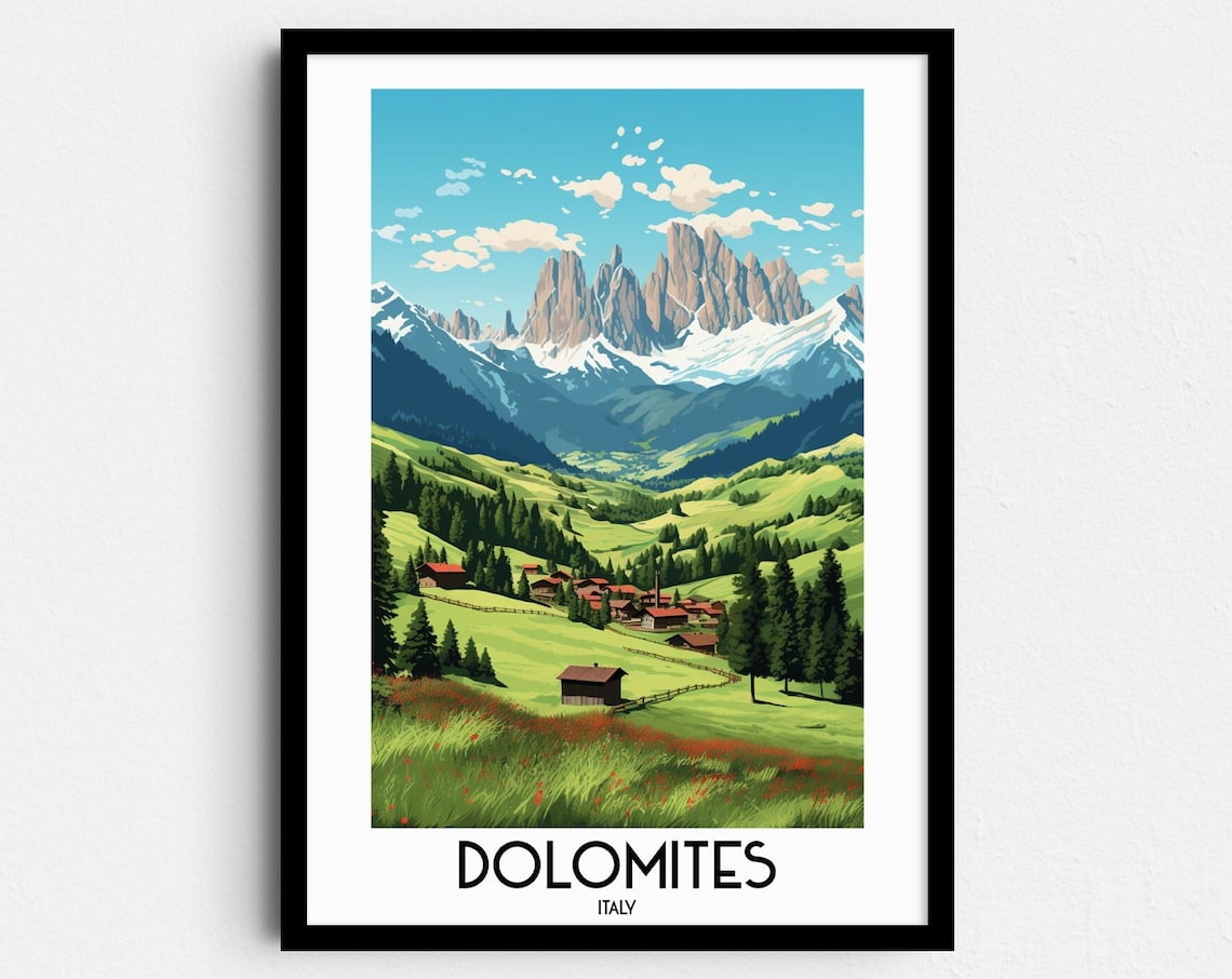 Dolomites Travel Poster, Funes Italy Landscape