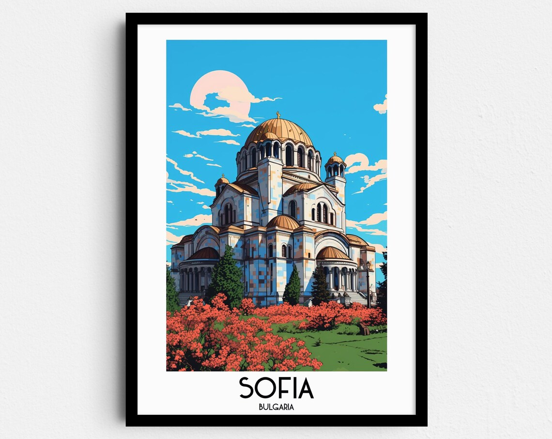 Sofia Golden Domed Cathedral Red Blossoms Bulgaria Vintage Poster