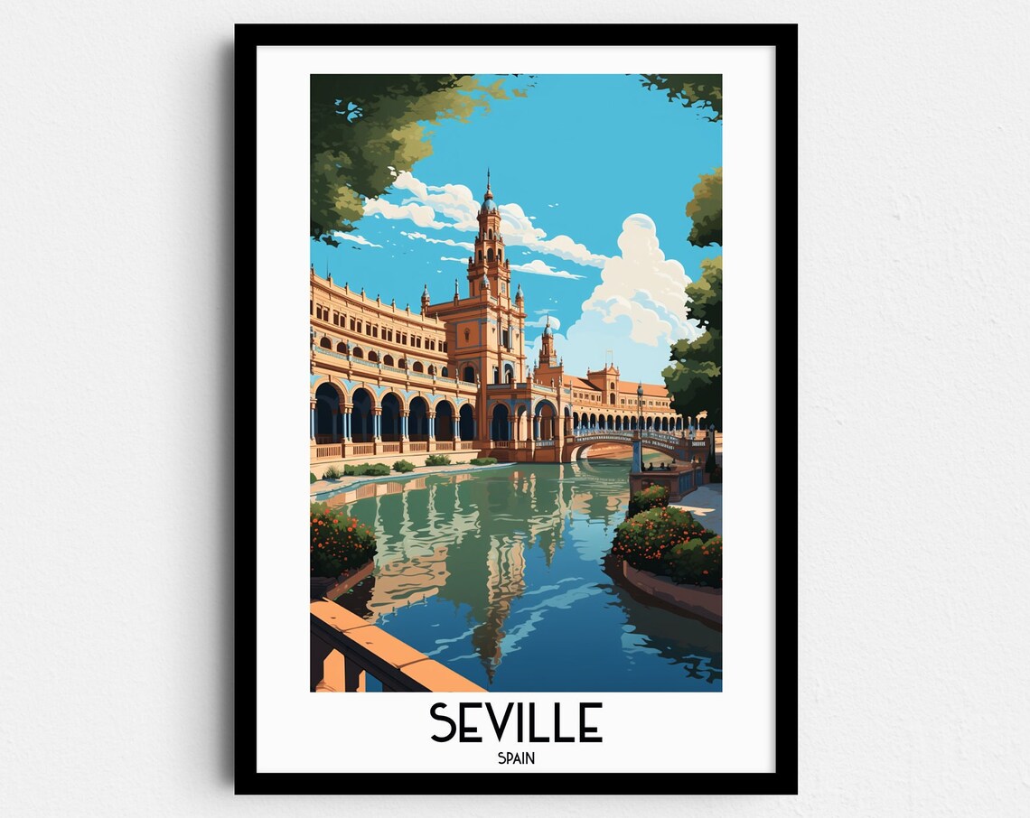 Seville Spain Grand Plaza Canal Arches Vintage Travel Poster