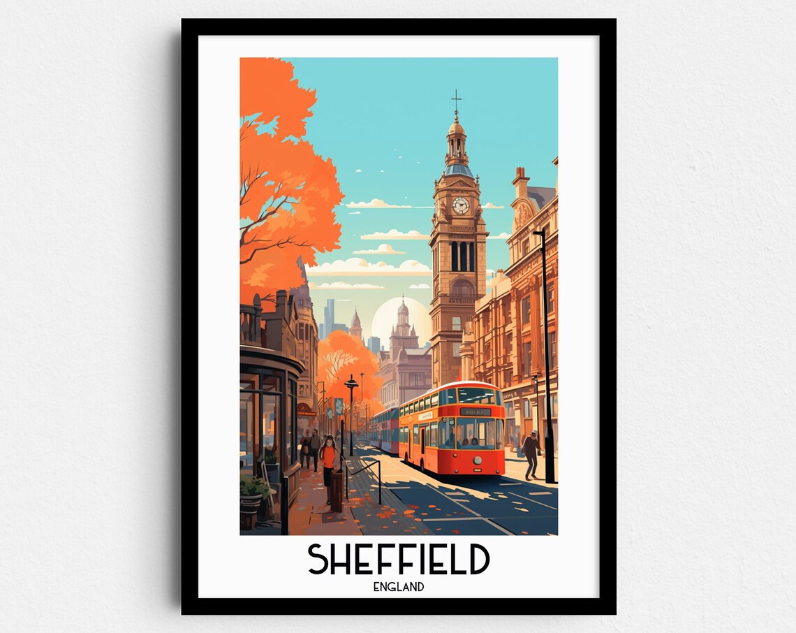 Sheffield England Tram Street Clock Tower Autumn Glow Travel Poster
