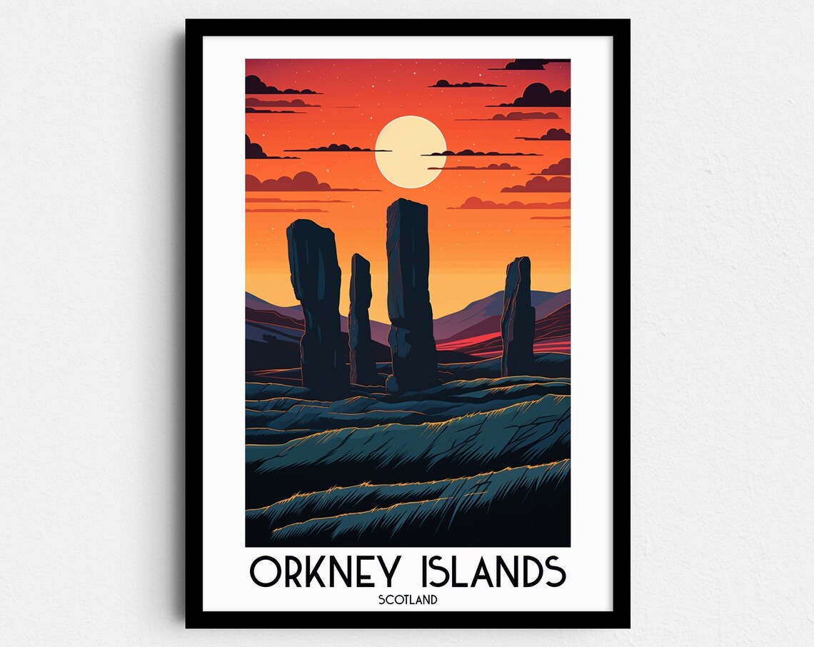 Orkney Islands Scotland Standing Stones Sunset Ancient Travel Poster