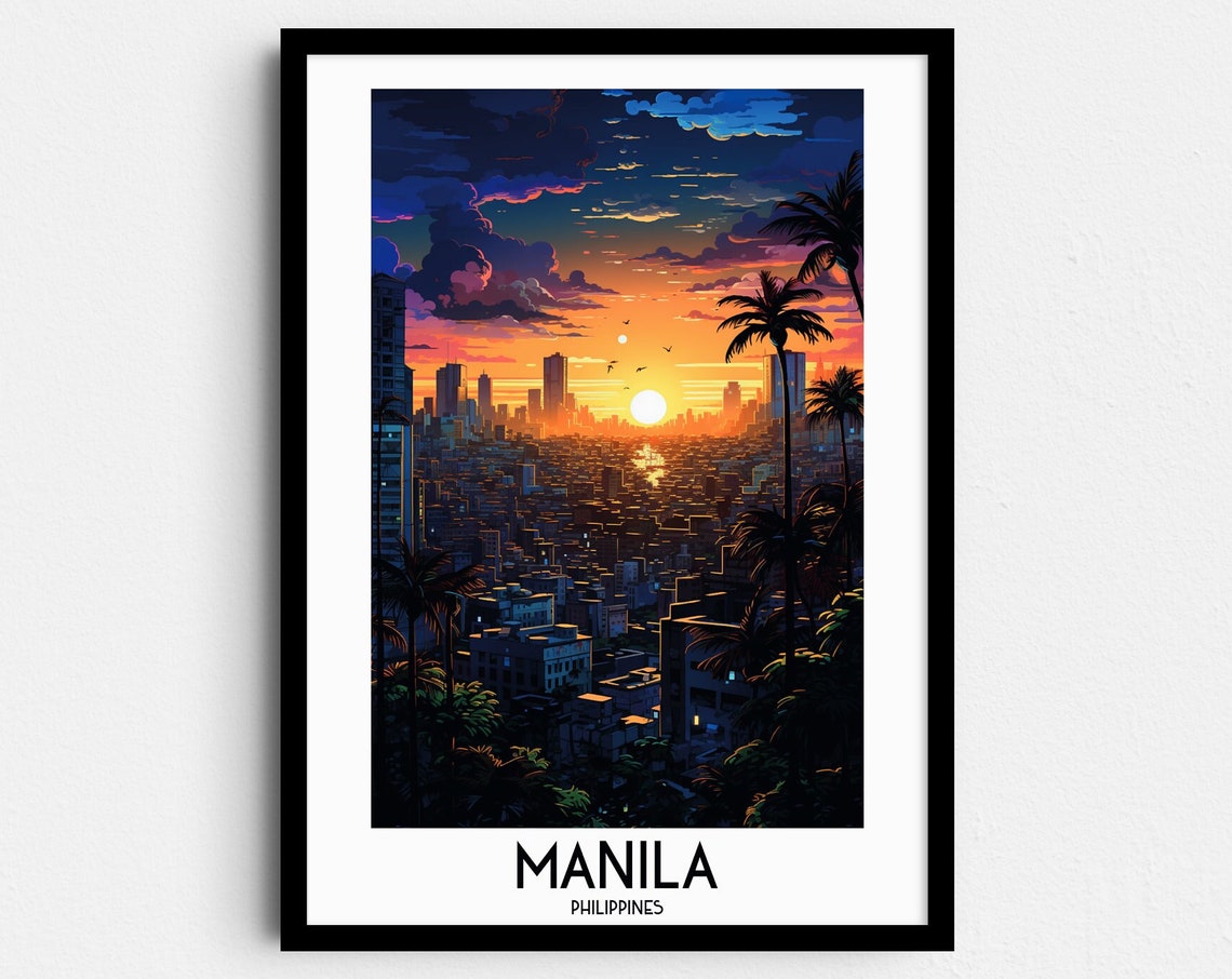 Manila Philippines Sunset Skyline Palm Silhouette Travel Poster