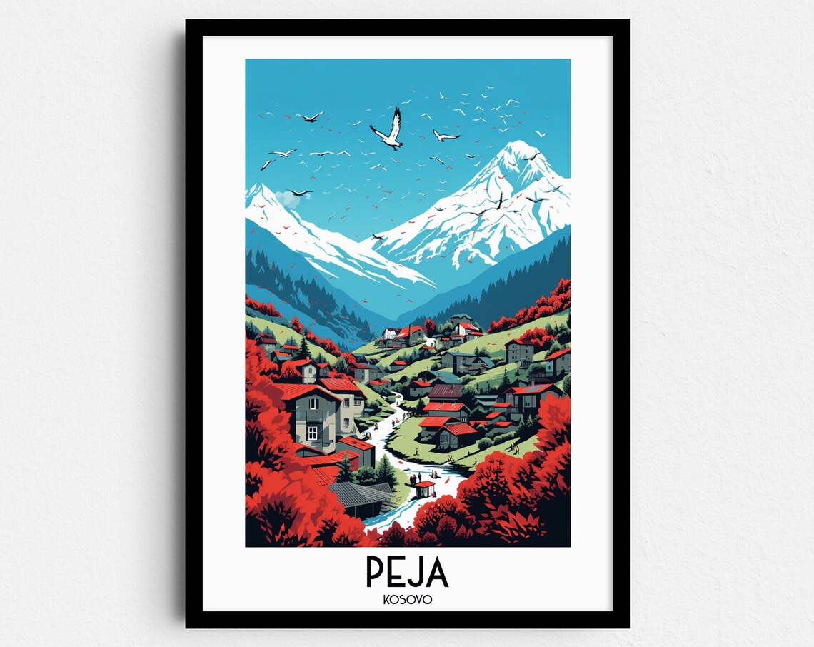 Peja Kosovo Autumn Village Under the Snow Peaks Travel Poster