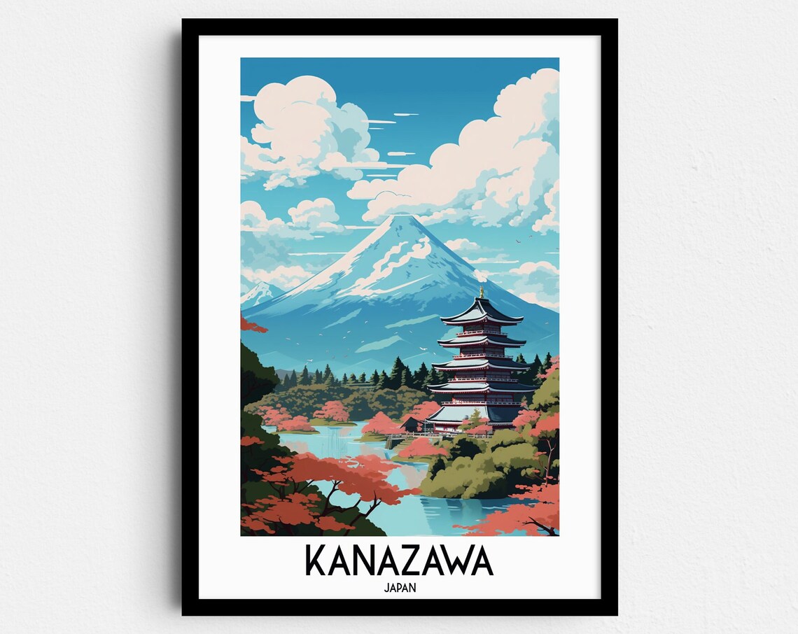 Kanazawa Japan Pagoda Snow Capped Peak Garden Landscape Travel Poster