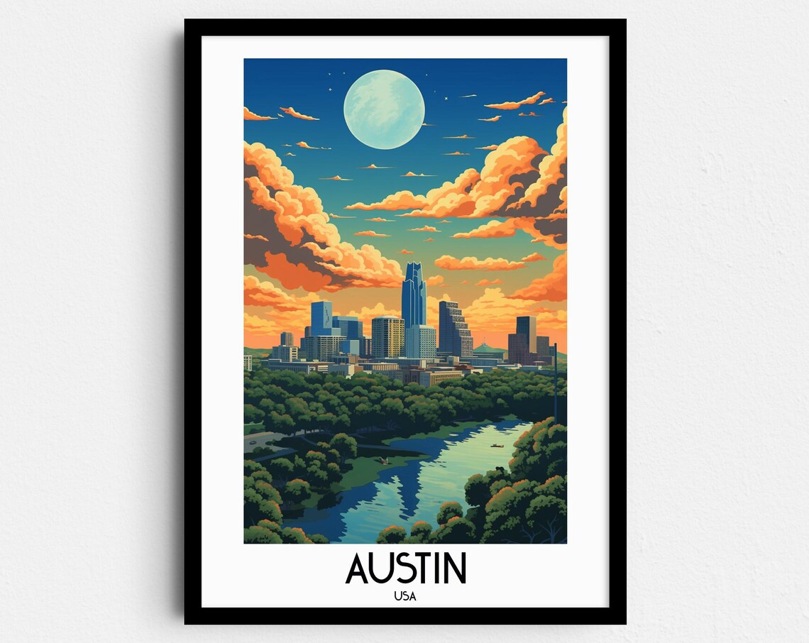 Austin Texas Night Skyline Moon Over Lake Vintage Travel Poster