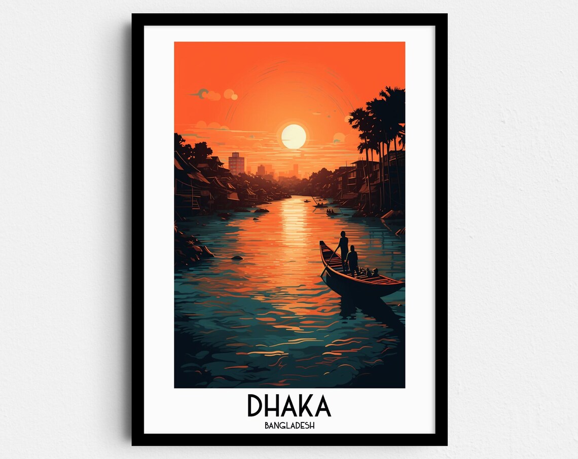 Dhaka Bangladesh River Sunset Boat Silhouette Orange Sky Travel Poster