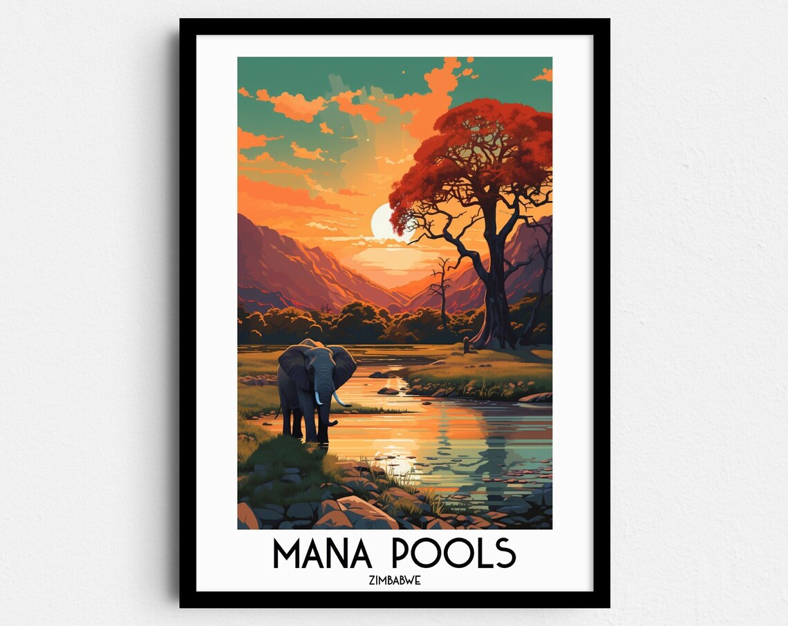 Mana Pools Travel Poster, Zimbabwe Africa Decor