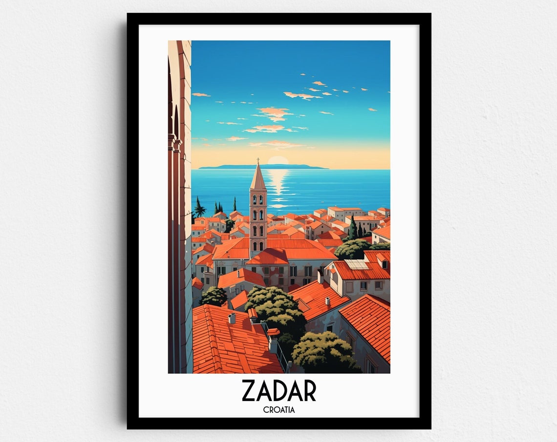 Zadar Croatia Red Rooftops Bell Tower Seaside Vintage Travel Poster