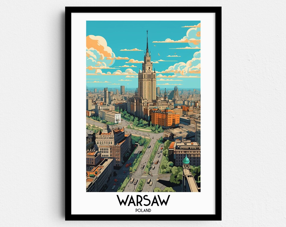 Warsaw Poland Palace of Culture Aerial City View Travel Poster