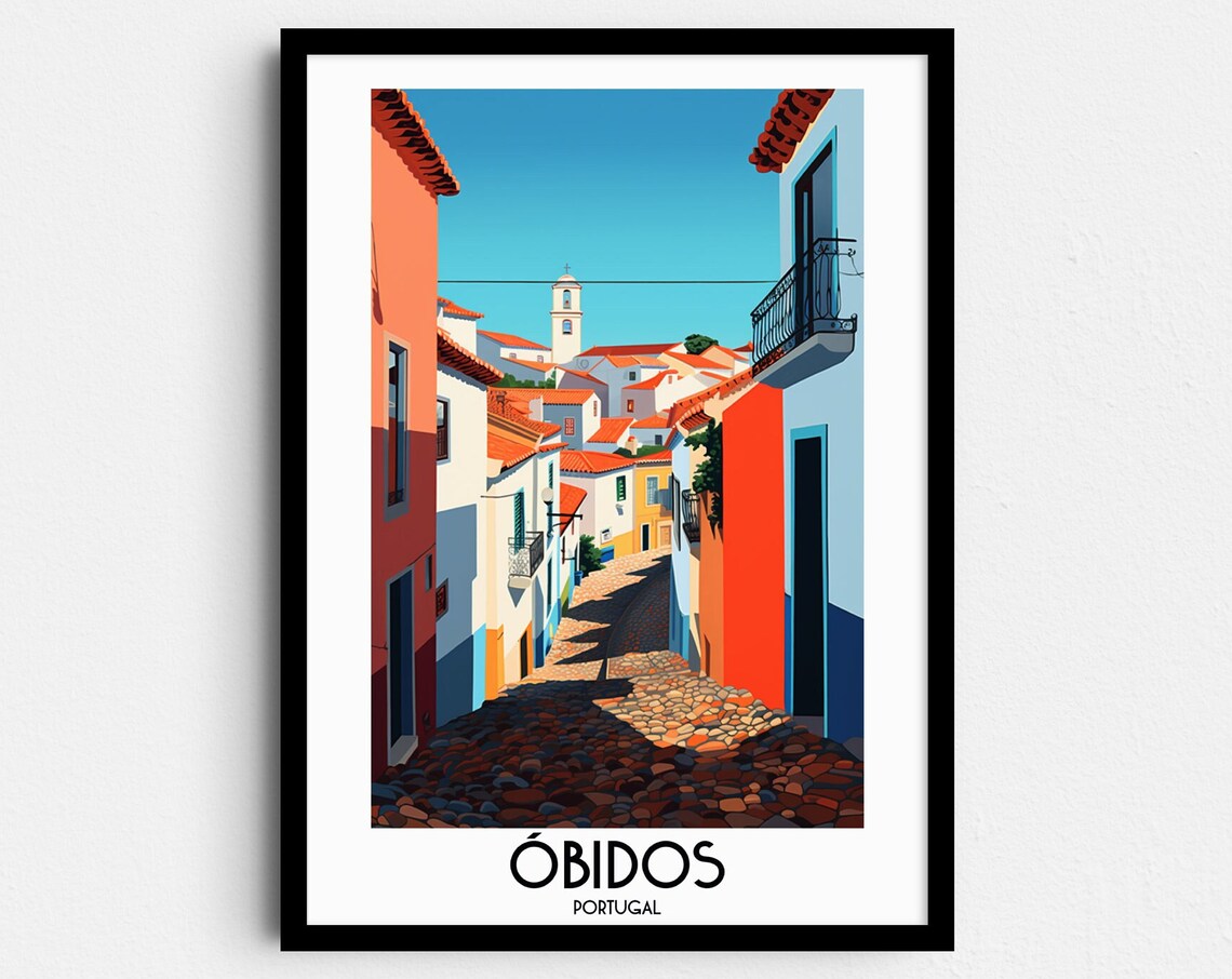 Obidos Portugal Sunlit Cobblestone Old Town Street Travel Poster