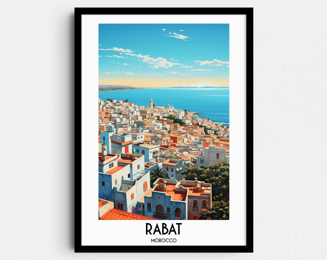 Rabat Morocco Whitewashed Coastal City Retro Sea Travel Poster
