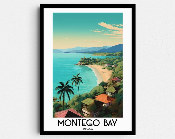 Montego Bay Palm Beach Turquoise Cove Jamaica Caribbean Travel Poster