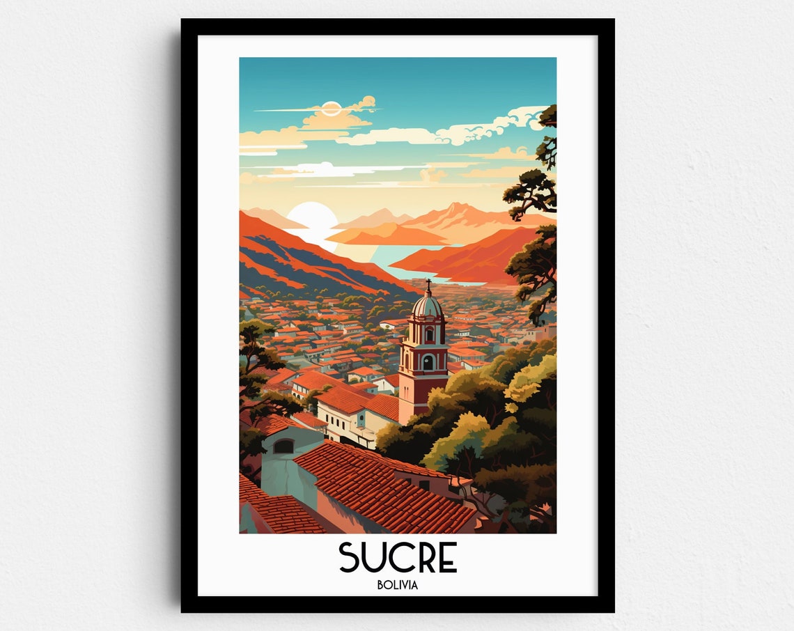 Sucre Red Rooftops Bell Tower Mountain View Bolivia Vintage Poster