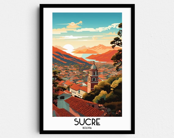 Sucre Red Rooftops Bell Tower Mountain View Bolivia Vintage Poster