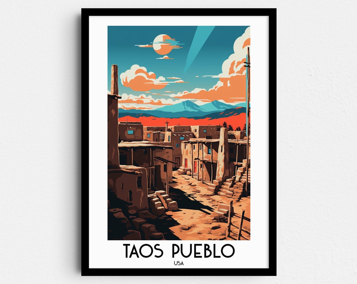 Taos Pueblo New Mexico Adobe Village Desert Mountains Travel Poster