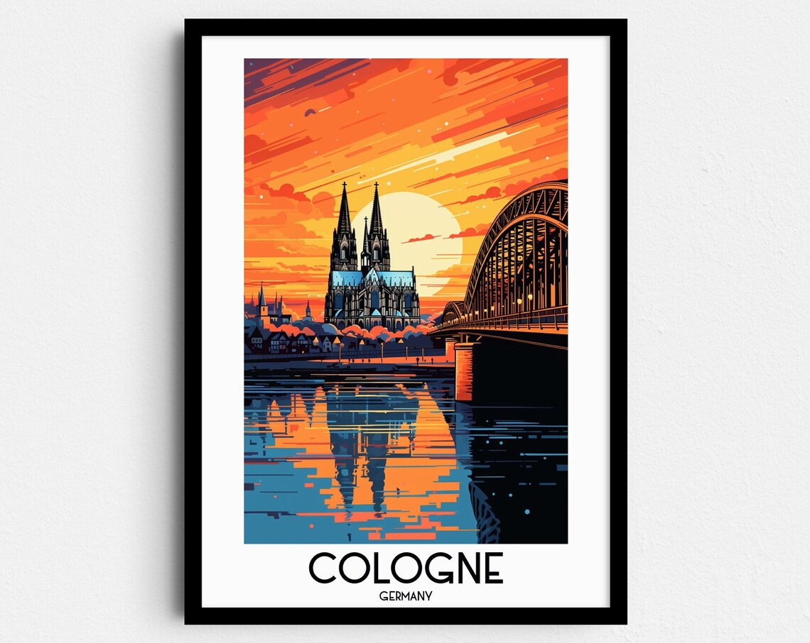 Cologne Cathedral Bridge Fiery Sunset Rhine Germany Travel Poster