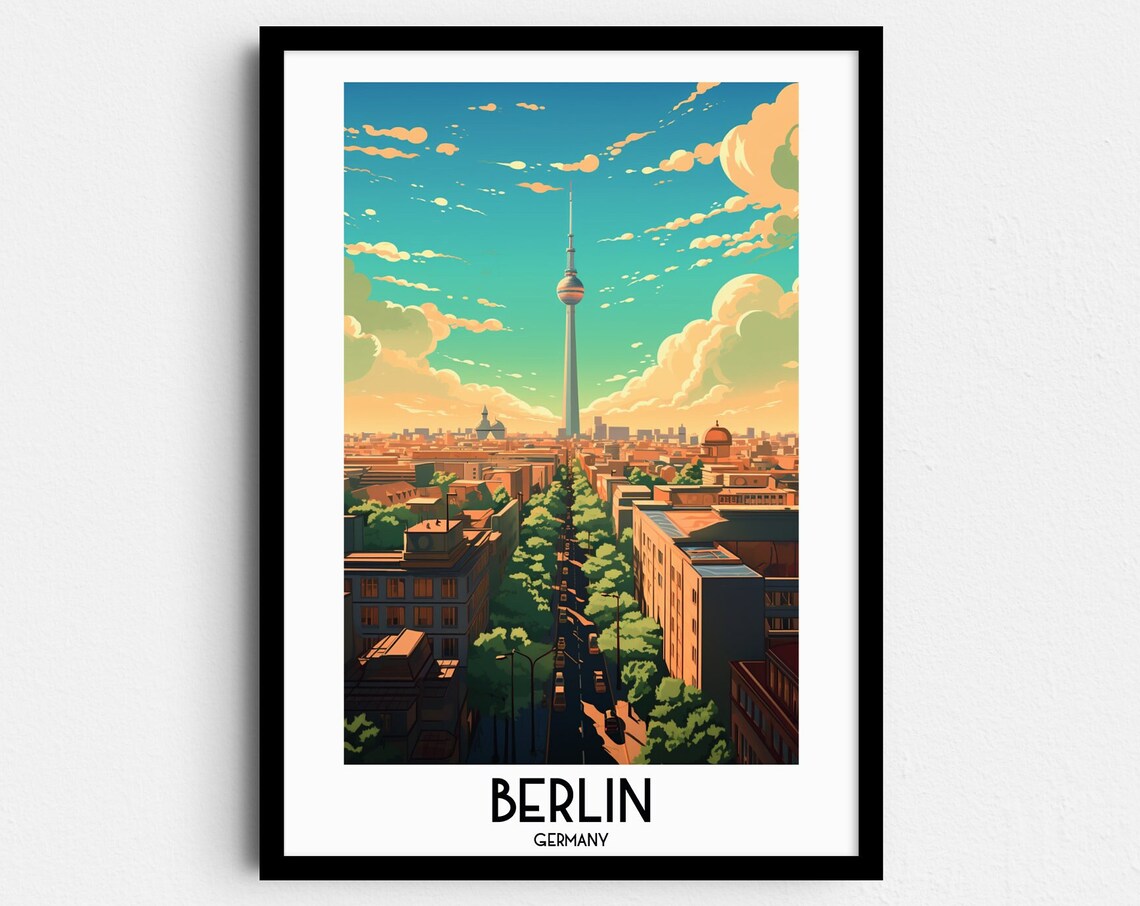 Berlin Germany TV Tower Tree Lined Avenue Vintage Travel Art Poster