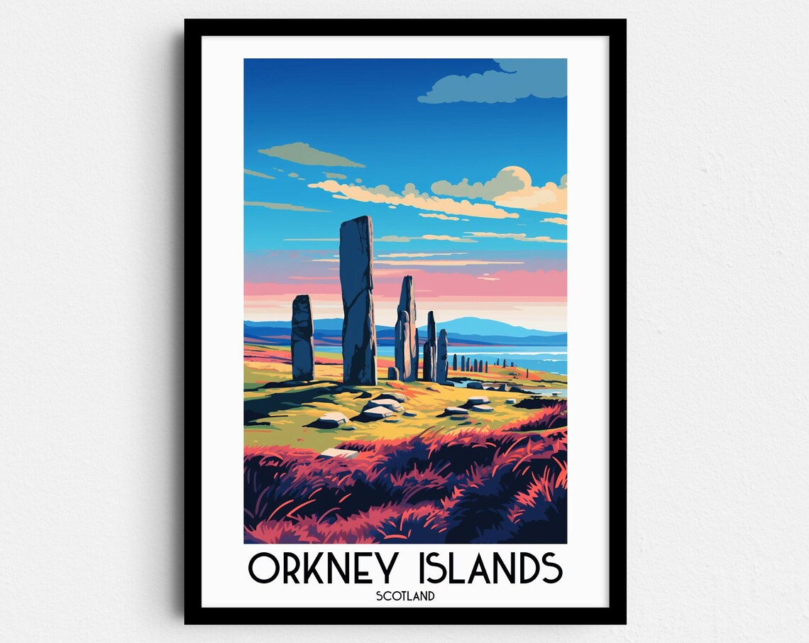 Orkney Islands Scotland Standing Stones Pink Heather Day Travel Poster