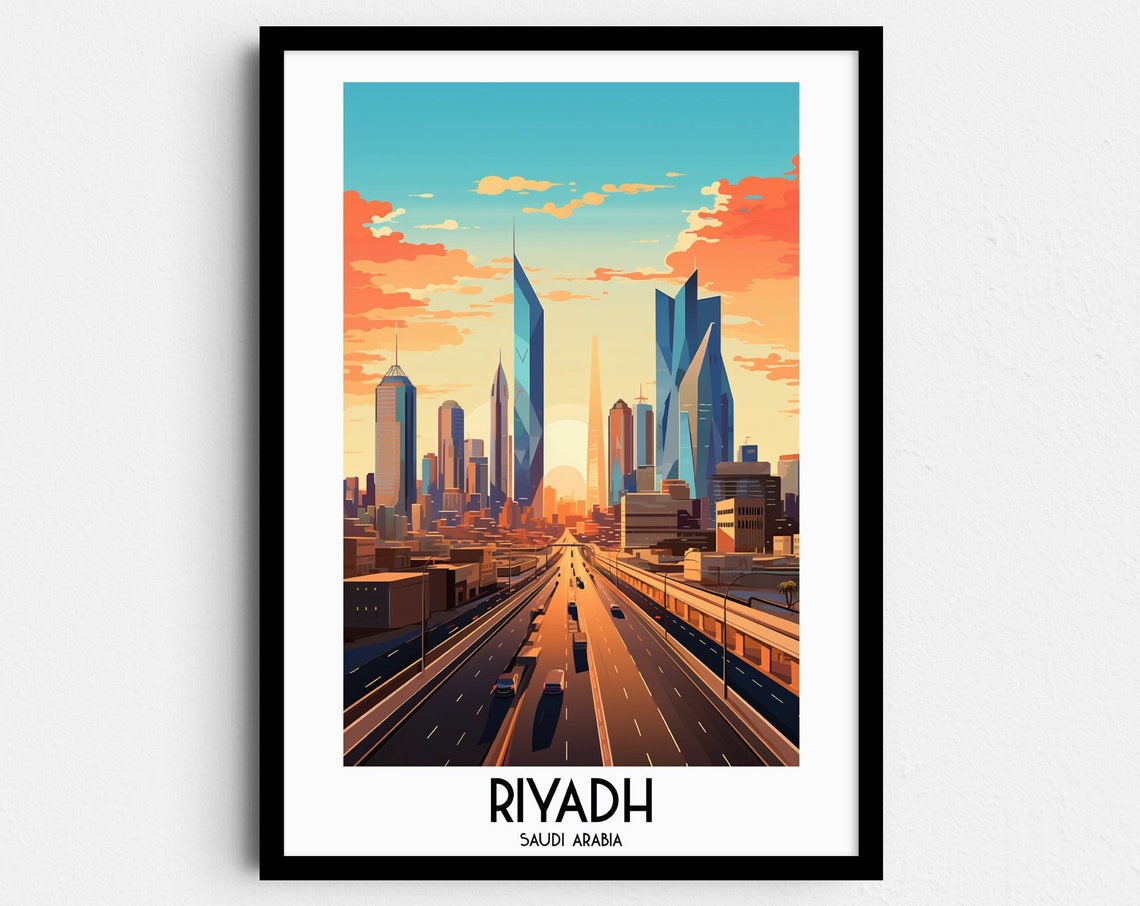 Riyadh Modern Highway Skyline Sunset Saudi Arabia Vintage Poster