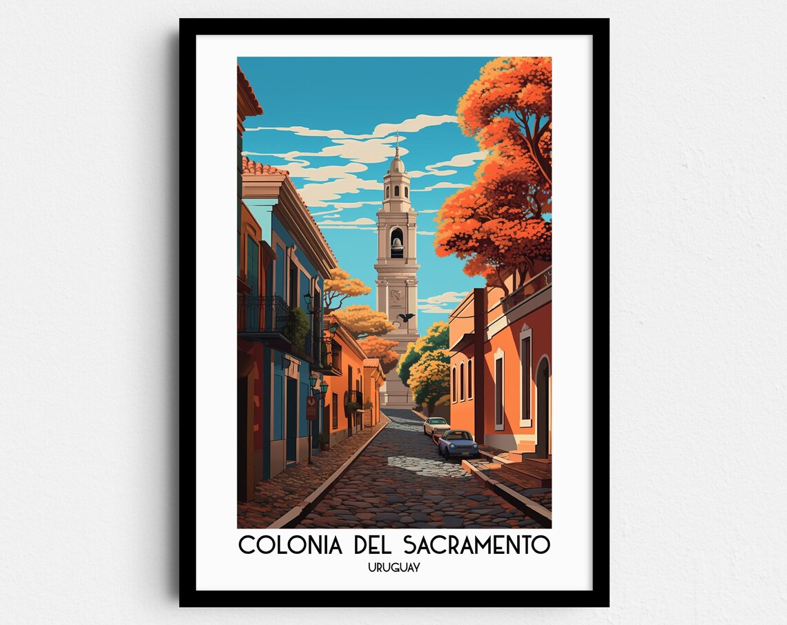 Colonia del Sacramento Uruguay Colonial Street Bell Tower Travel Poster