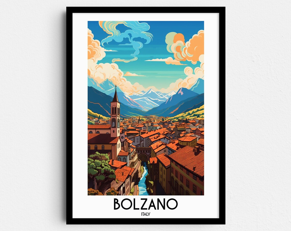 Bolzano Italy Alpine Town Church Spire Mountain Peaks Travel Poster
