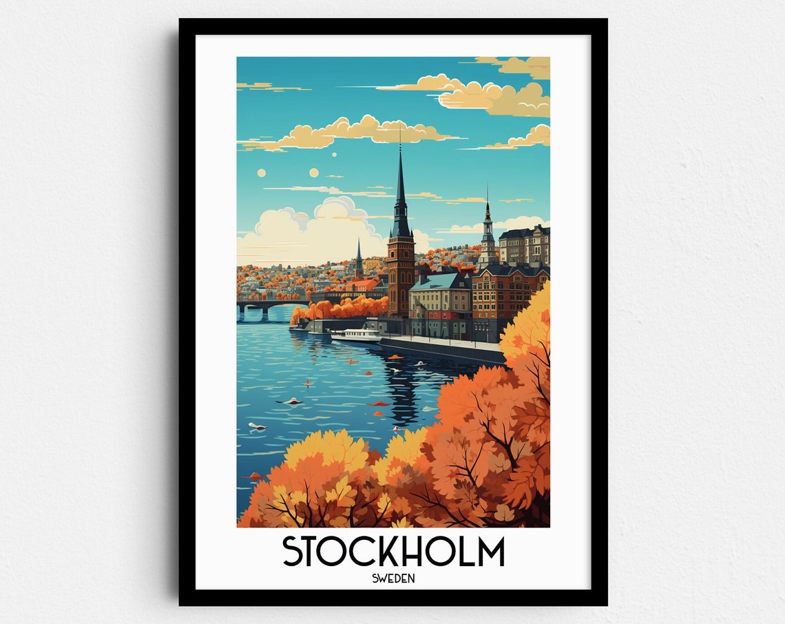 Stockholm Sweden Autumn Waterfront Church Spire Travel Poster