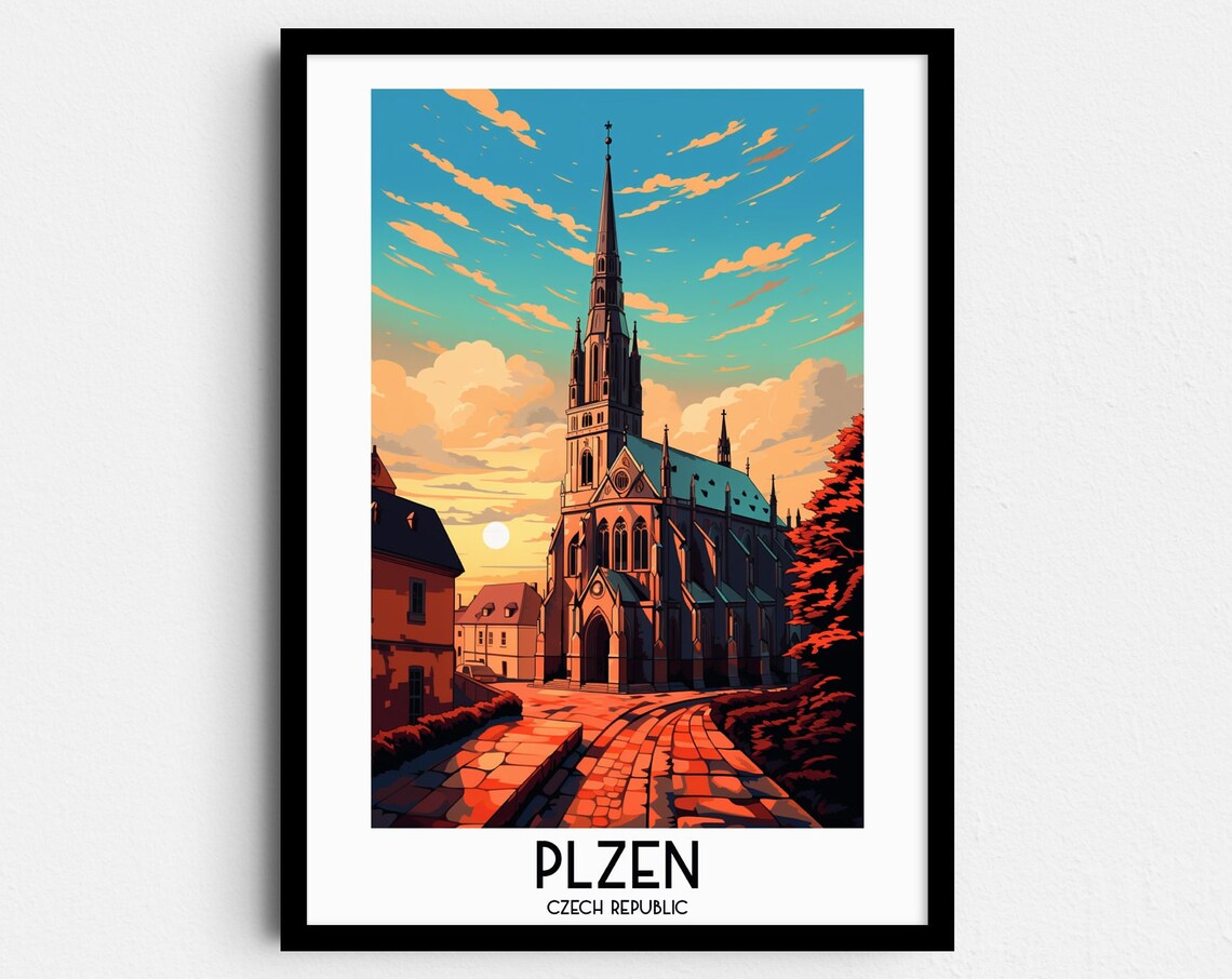 Plzen Czech Republic Gothic Cathedral Spire Sunset Glow Travel Poster