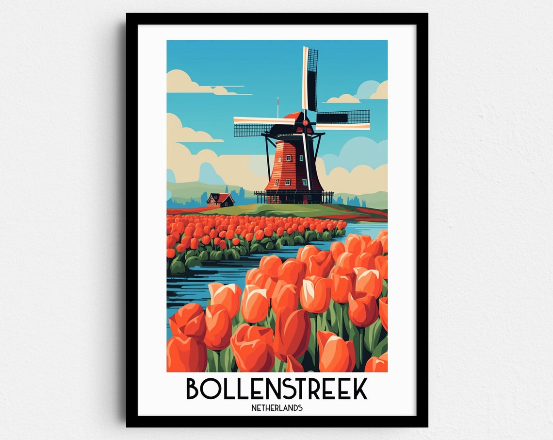 Bollenstreek Netherlands Windmill Red Tulip Fields Dutch Travel Poster