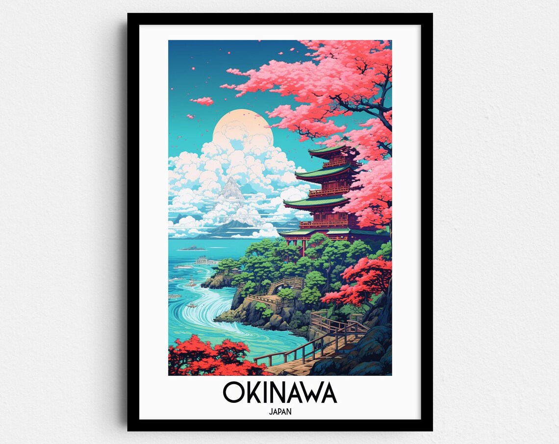 Okinawa Japan Pagoda Cherry Blossom Coast Vintage Travel Poster