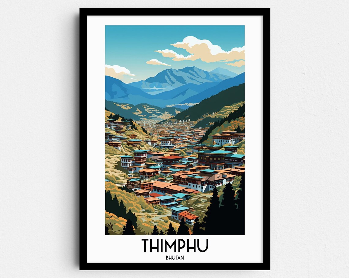 Thimphu Himalayan Valley City Mountains Bhutan Vintage Travel Poster