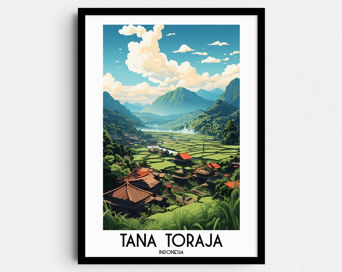 Tana Toraja Indonesia Rice Terraces Traditional Houses Travel Poster