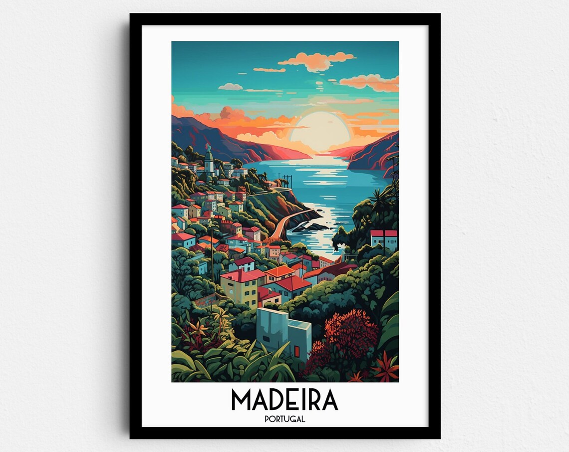 Madeira Portugal Coastal Town Sunset Cliffside Retro Travel Poster