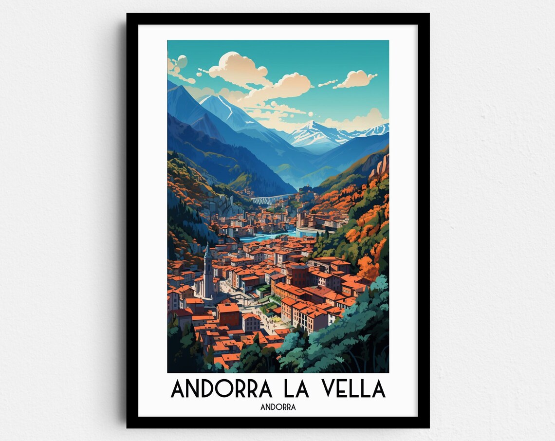 Andorra la Vella Pyrenees Mountain Town Valley View Travel Poster