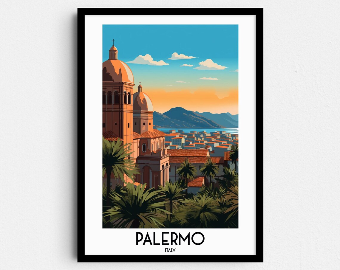 Palermo Italy Sicily Cathedral Domes Sunset Palms City Rooftops Poster