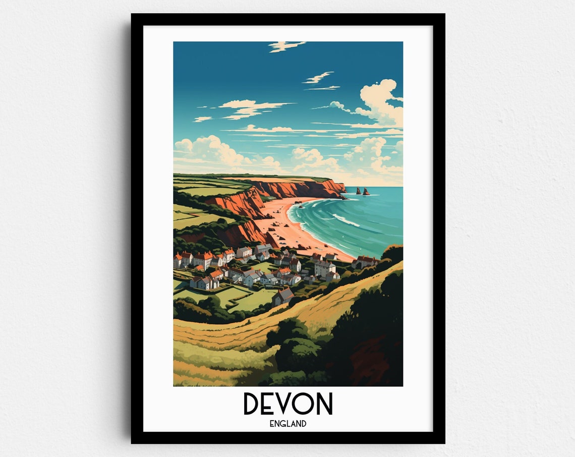 Devon England Coastal Village Red Cliffs Golden Fields Travel Poster
