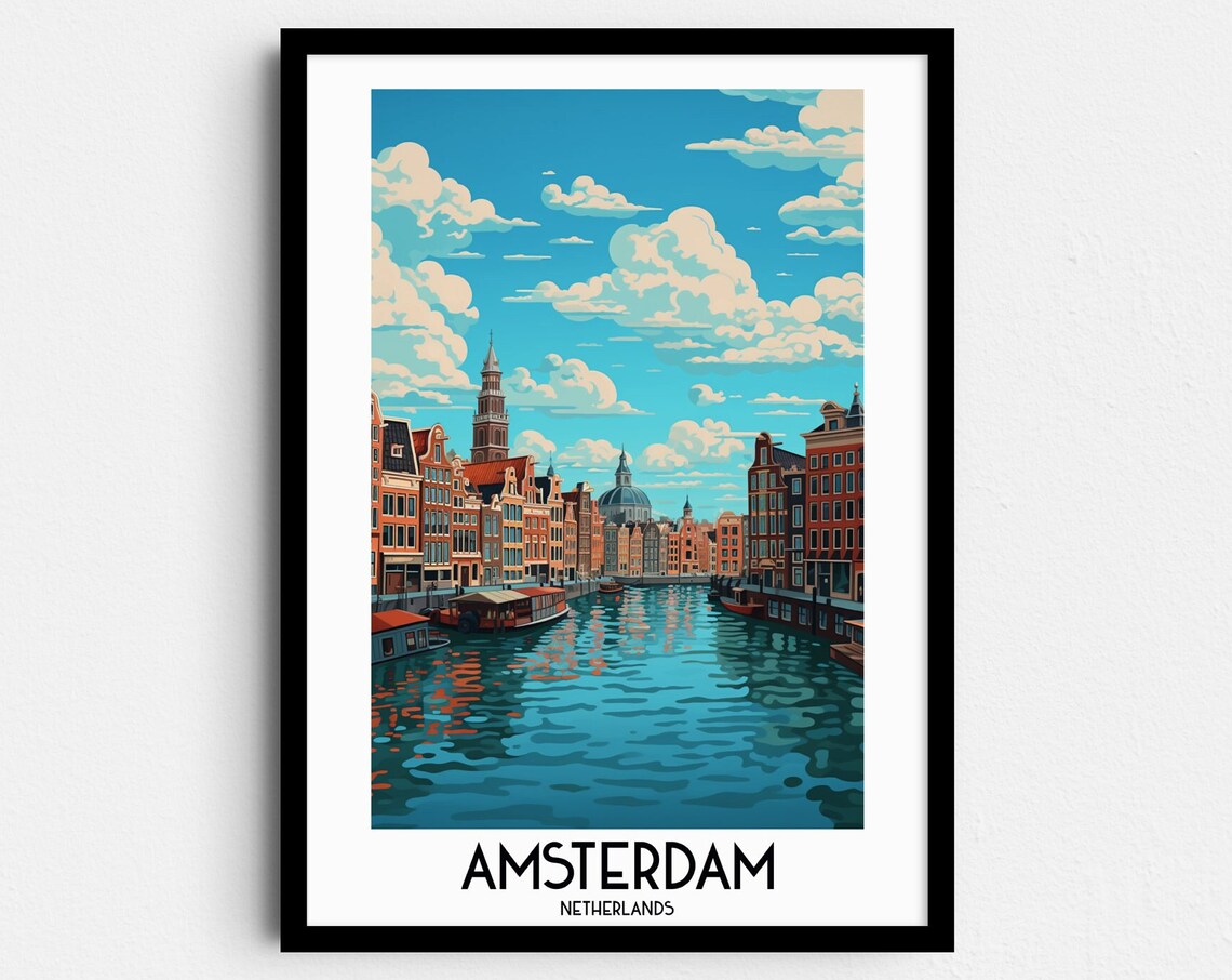 Amsterdam Netherlands Canal Gabled Houses Houseboats Travel Poster