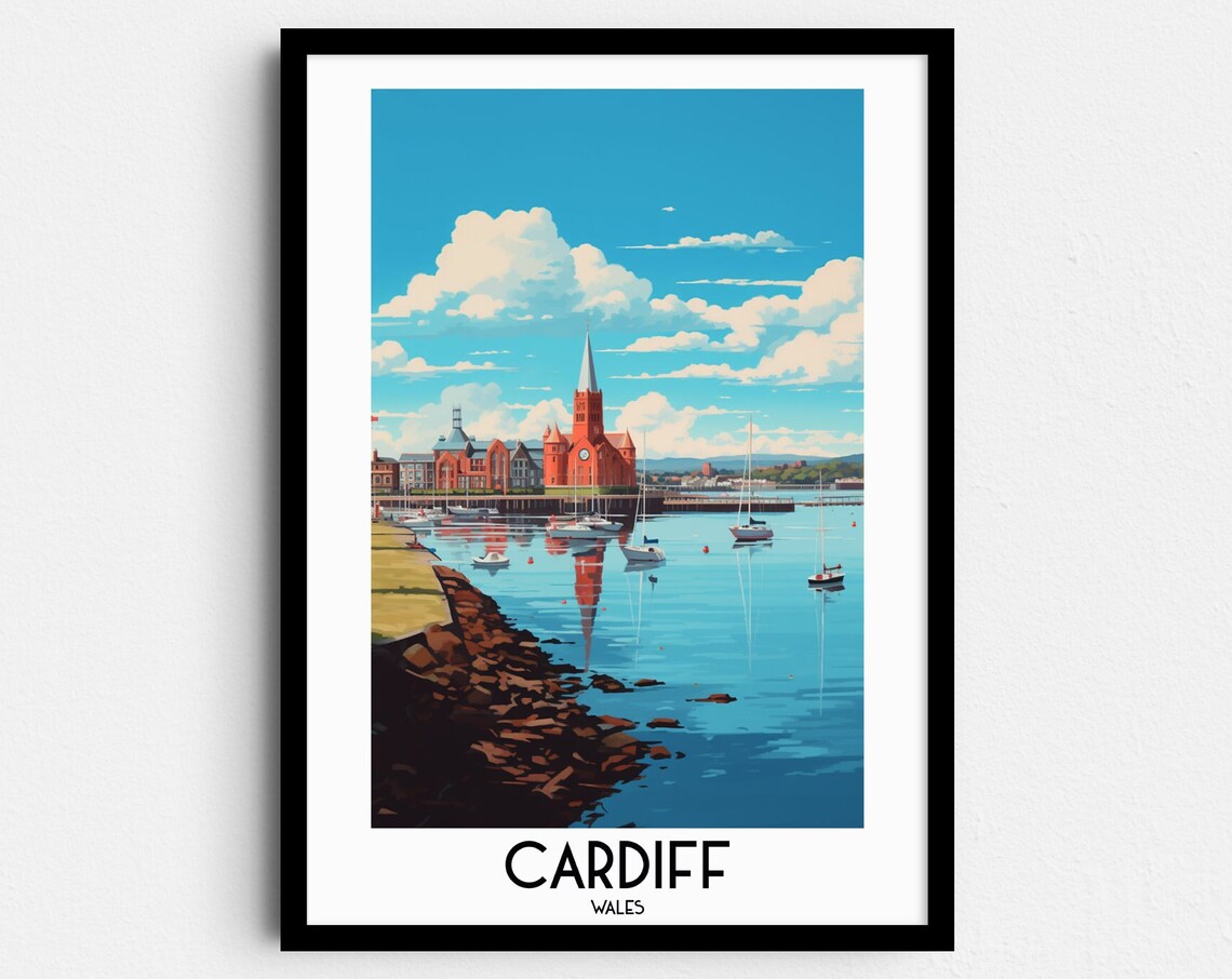 Cardiff Wales Harbor Waterfront Church Sailboats Scenic Travel Poster