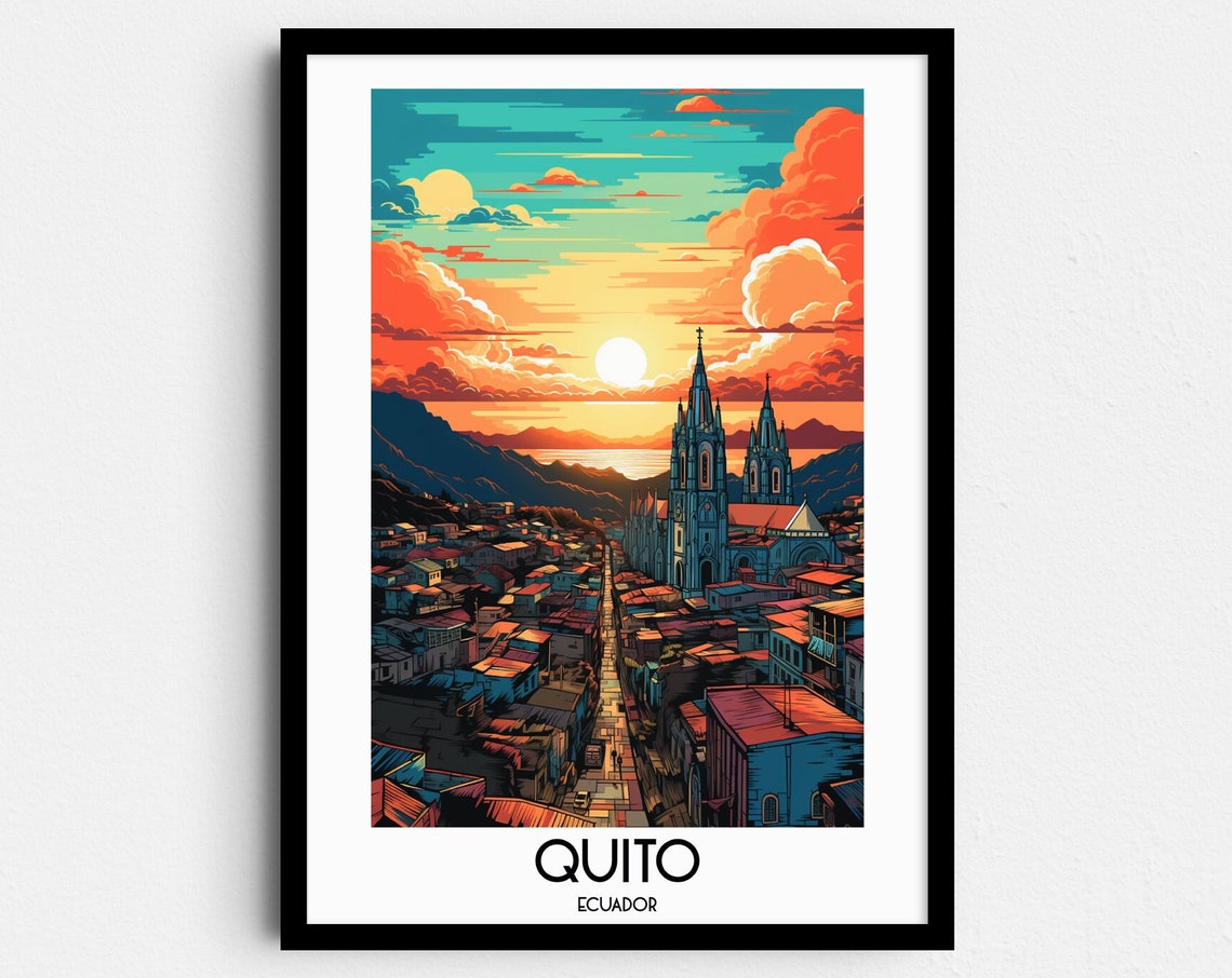 Quito Ecuador Gothic Basilica Sunset Clouds Retro Travel Poster