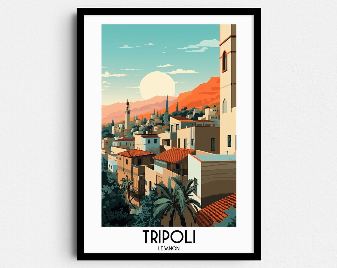 Tripoli Lebanon Old Town Sunset Over Mountains Travel Poster
