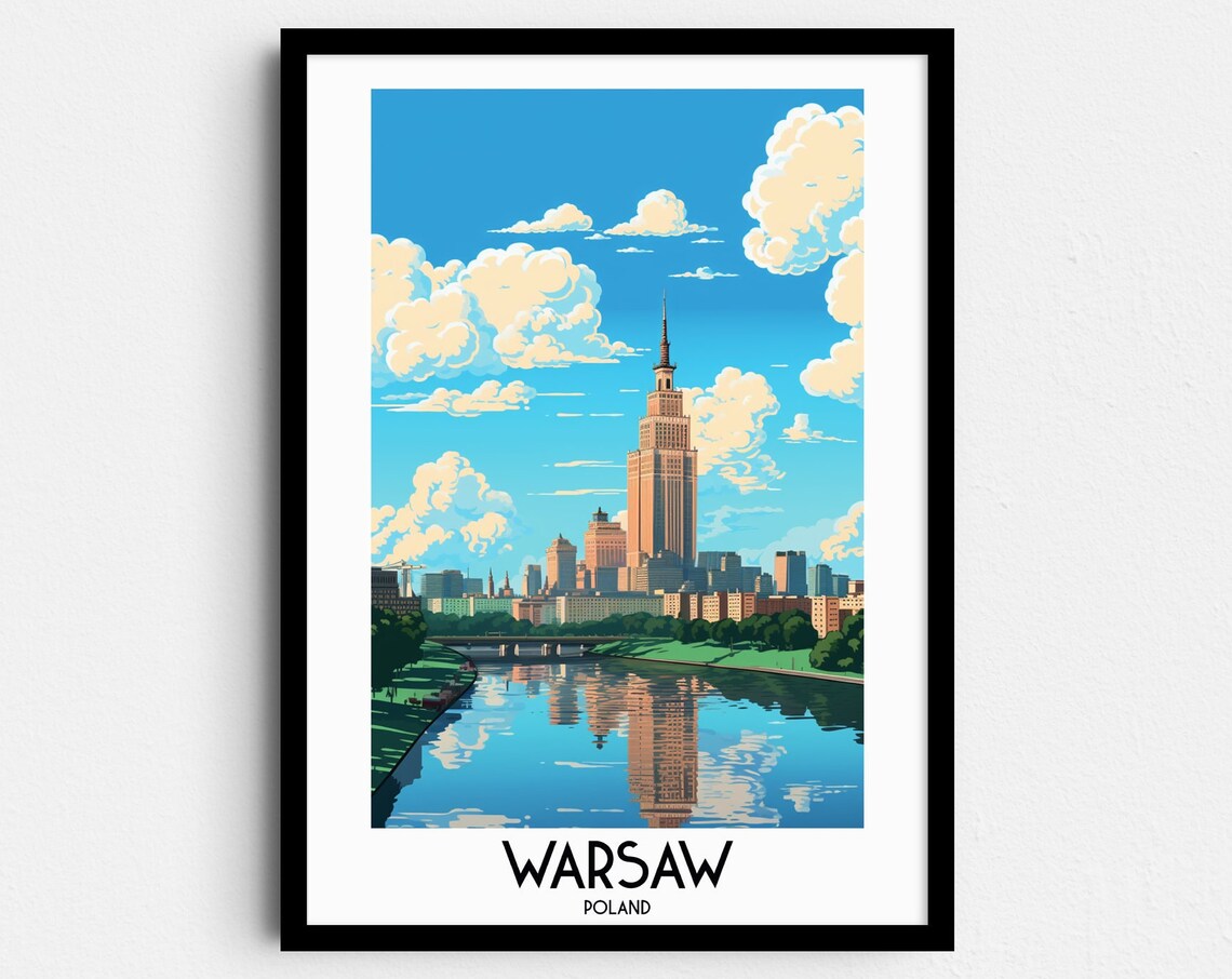 Warsaw Poland Palace of Culture Art Deco Skyline Travel Poster