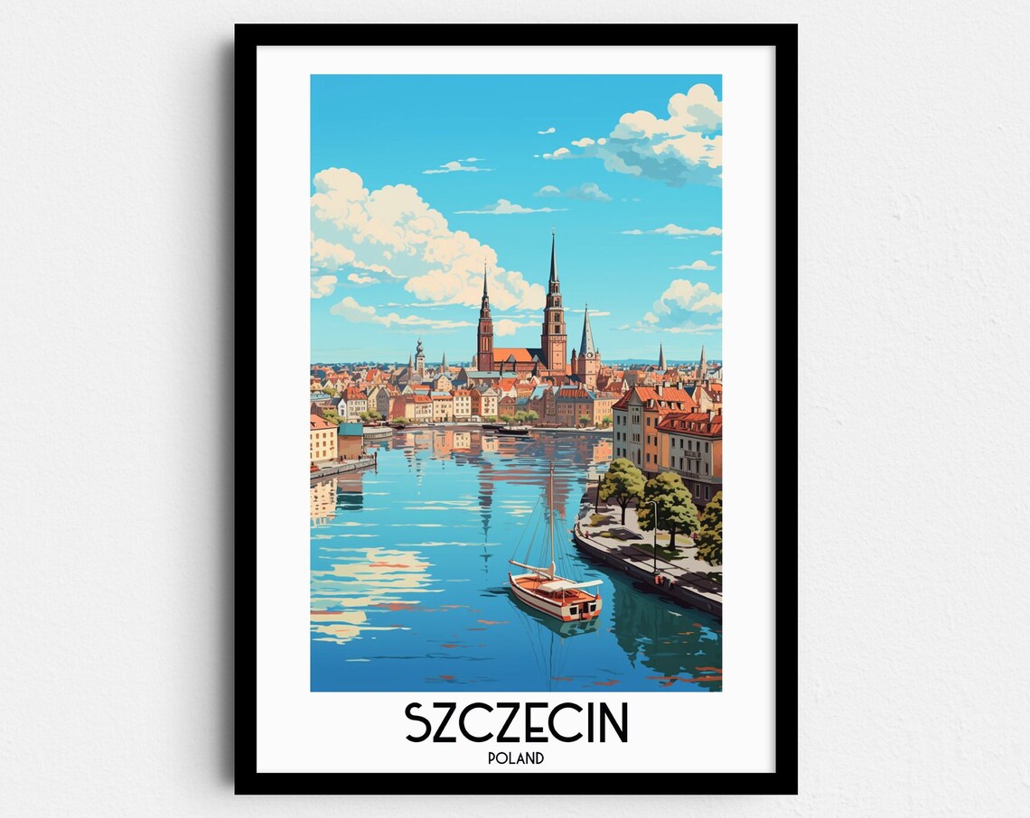 Szczecin River Harbor Sailboat Old Town Towers Poland Travel Poster