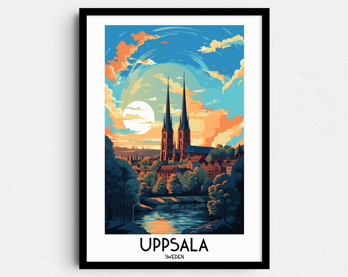 Uppsala Sweden Cathedral Twin Spires Sunset River View Travel Poster