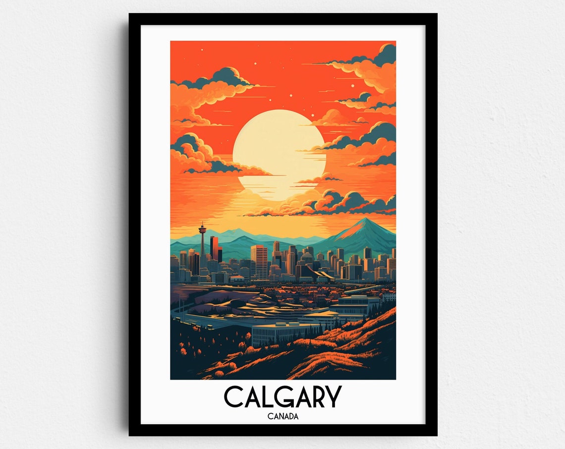 Calgary Canada Sunset Skyline Mountain View Vintage Travel Poster