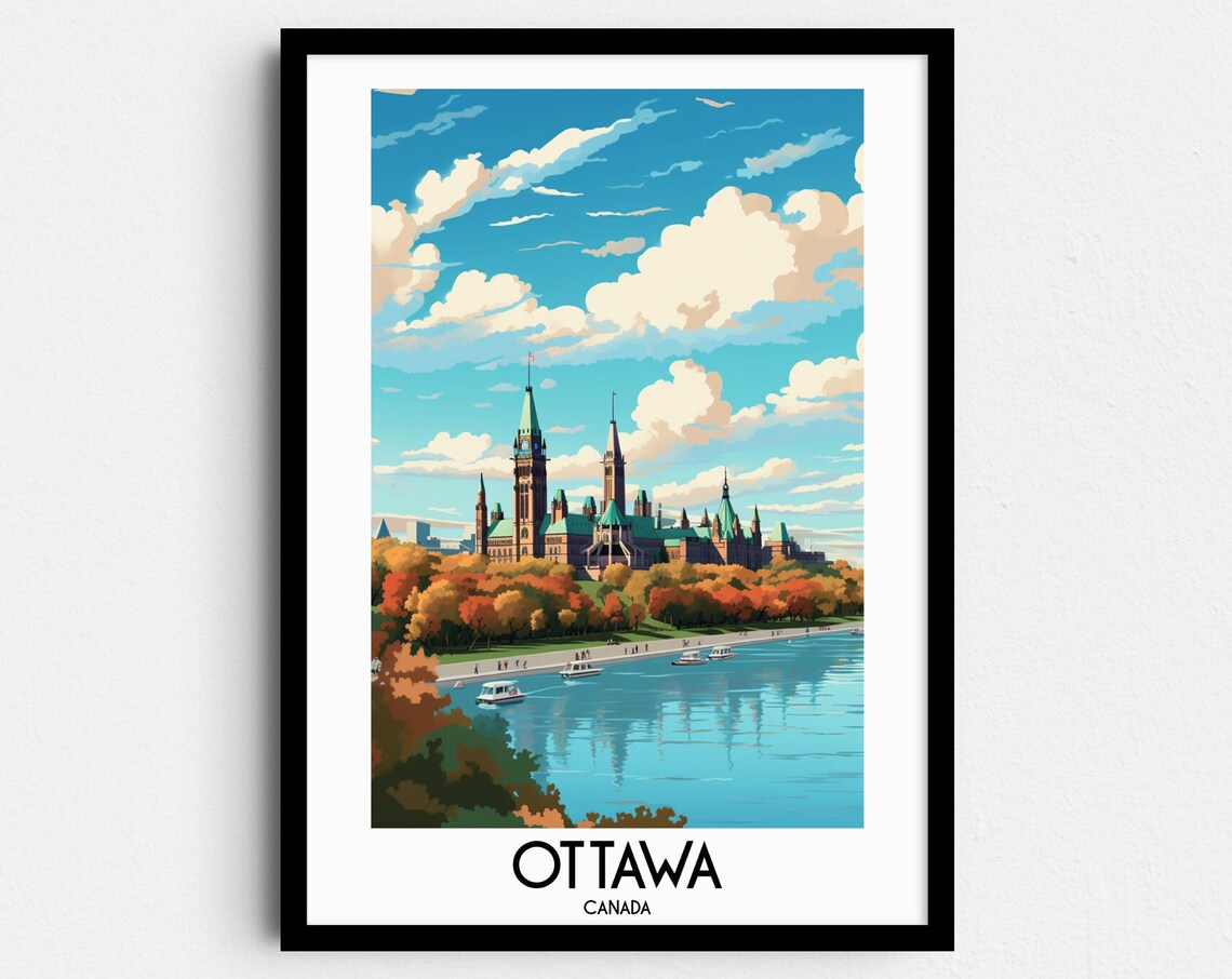 Ottawa Canada Parliament Hill on the River in Autumn Travel Poster