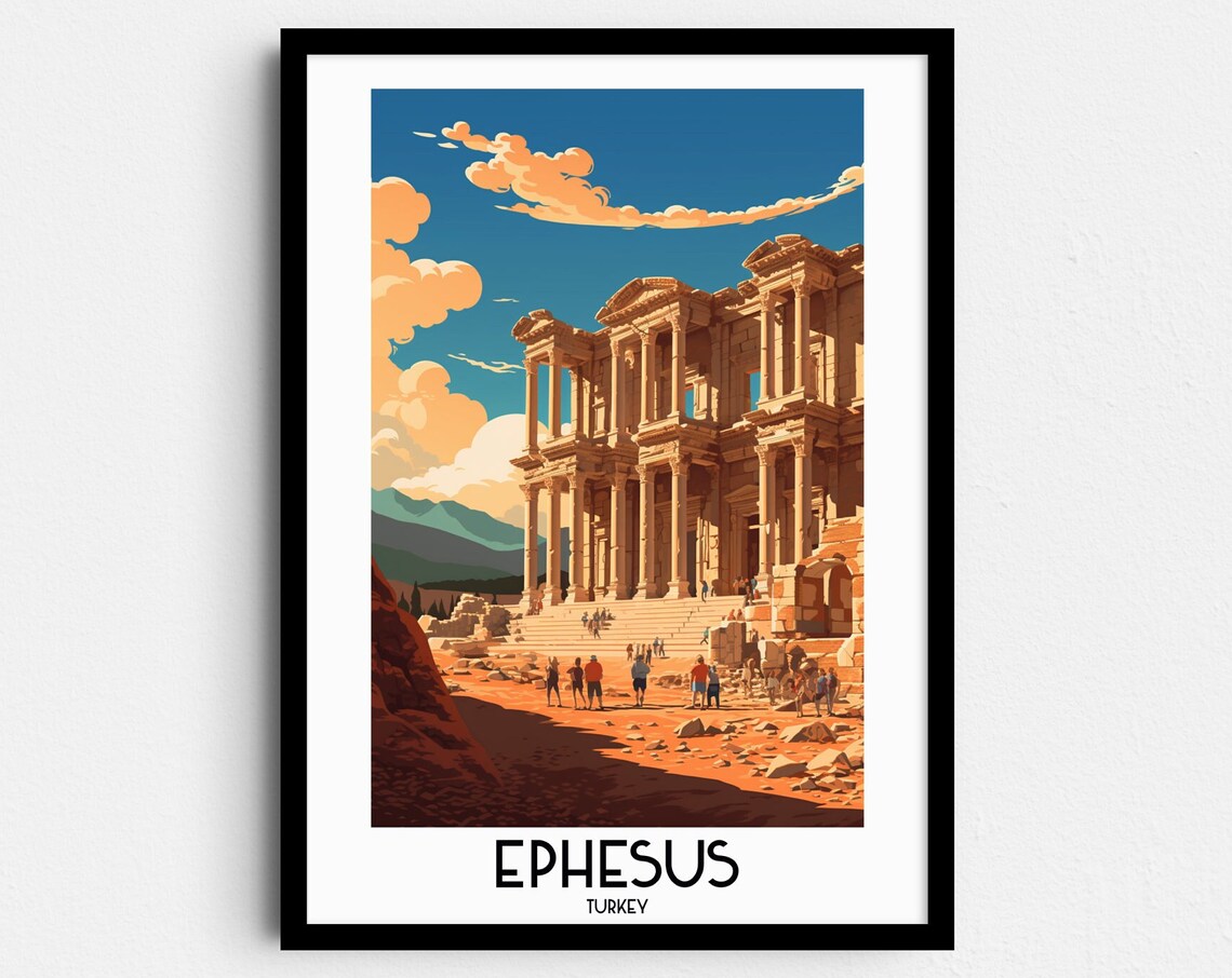 Ephesus Turkey Library of Celsus Ancient Ruins Vintage Travel Poster