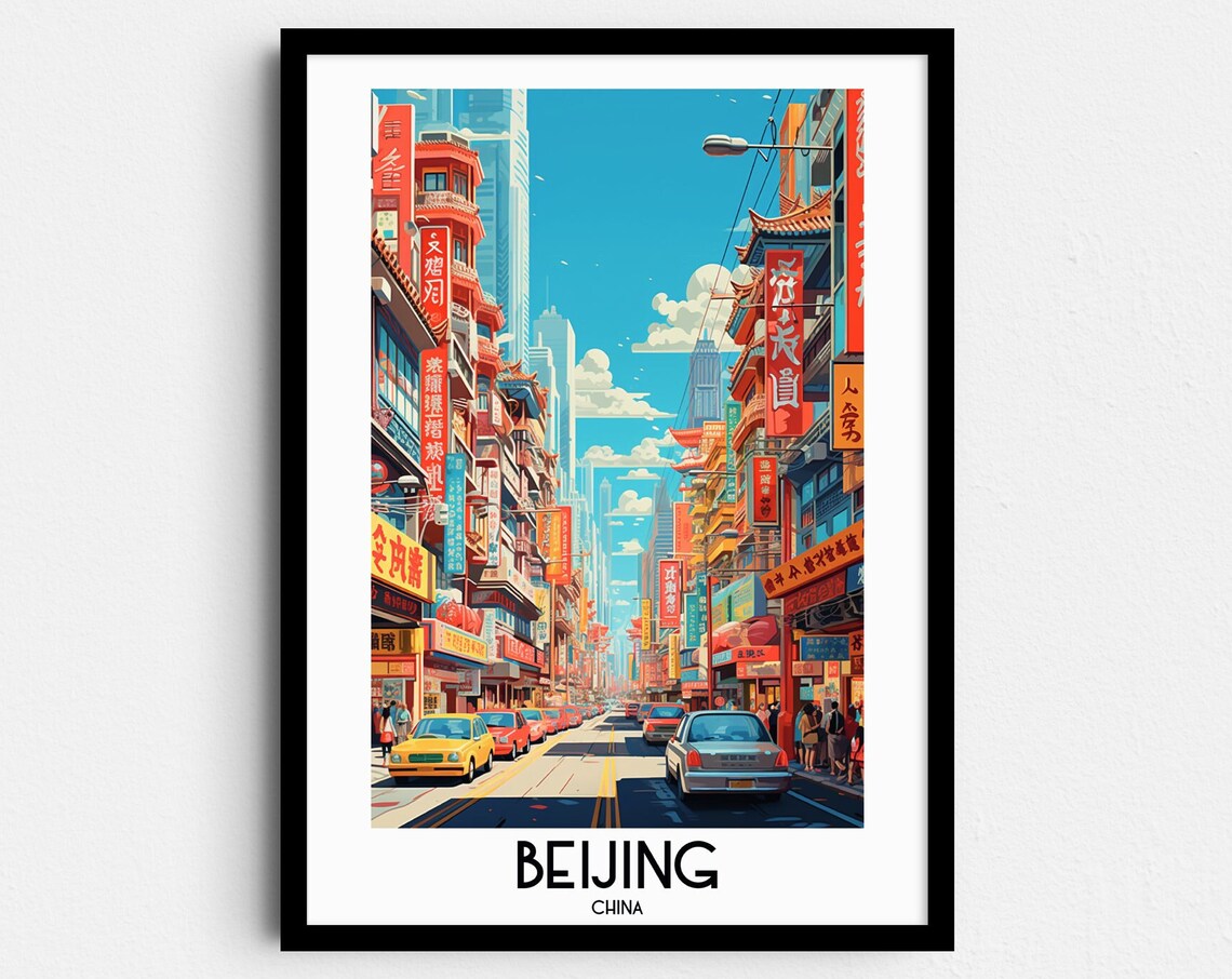 Beijing China Bustling Neon Lit Old Shopping Street Travel Poster