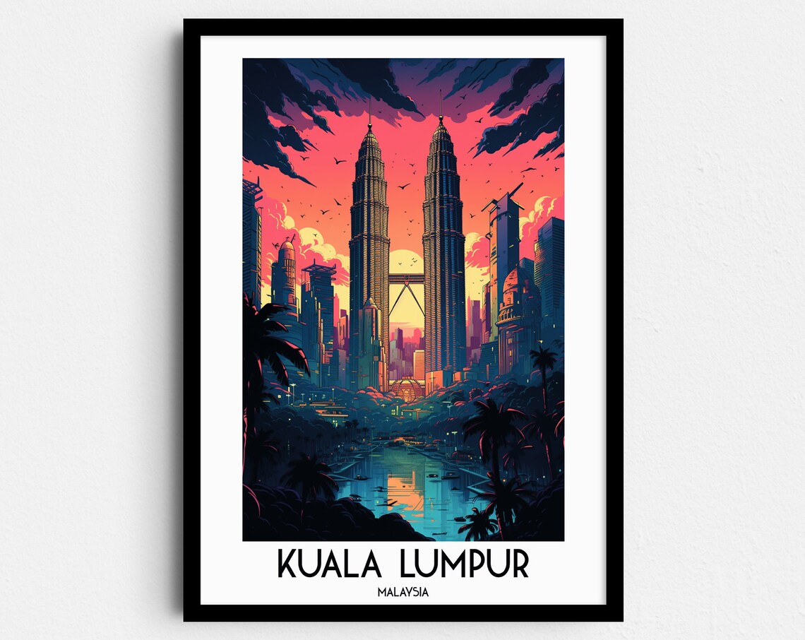 Kuala Lumpur Malaysia Petronas Towers Retro Sunset Travel Poster