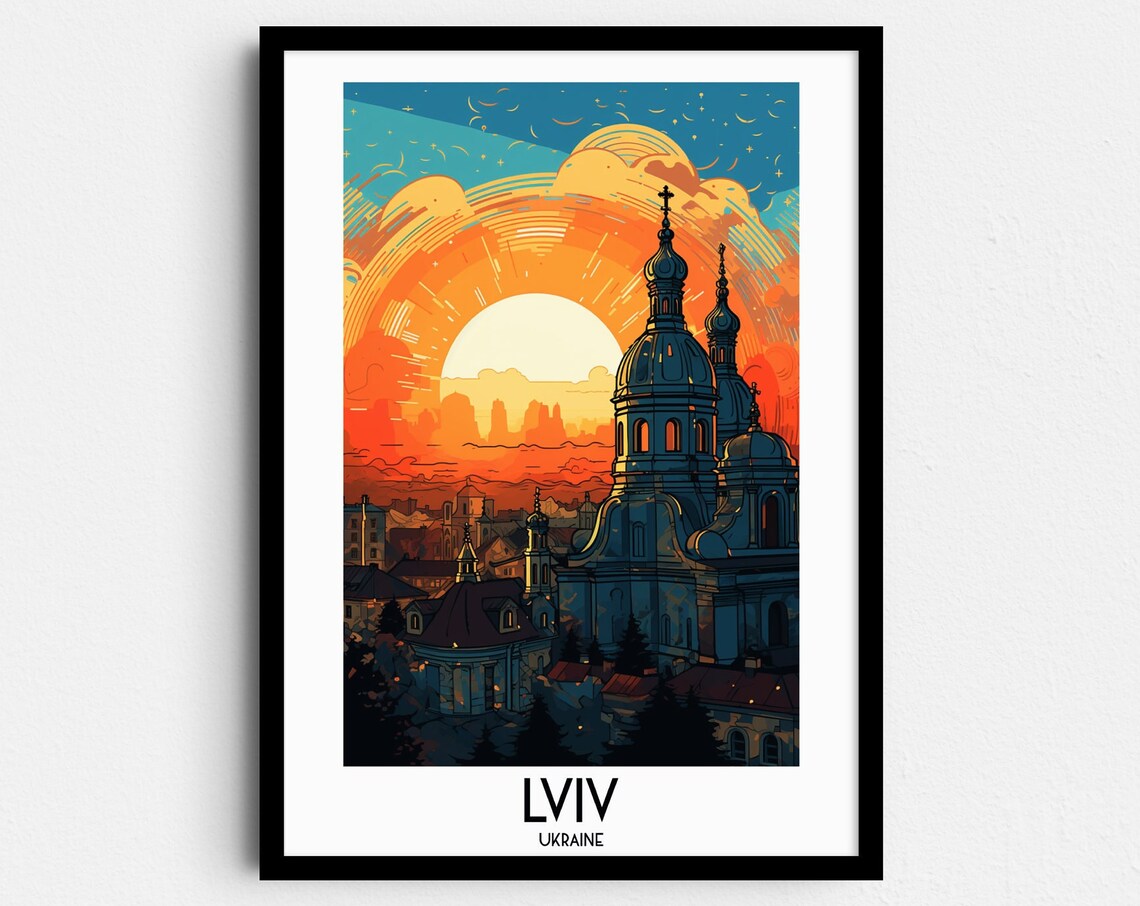Lviv Golden Church Domes Fiery Sunset Old Town Ukraine Travel Poster